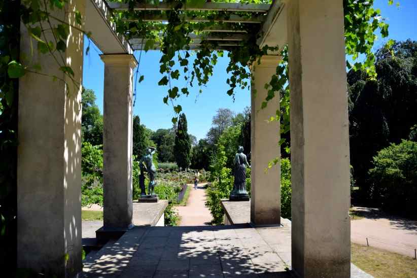 Blick vom Laubengang zum Rosengarten Schloss Charlottenhof.